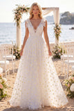 Vestido de Noiva de Praia Floral A com Decote em V, Linha A, com Laços