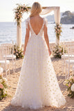 Vestido de Noiva de Praia Floral A com Decote em V, Linha A, com Laços