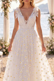 Vestido de Noiva de Praia Floral A com Decote em V, Linha A, com Laços