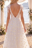 Vestido de Noiva de Praia Floral A com Decote em V, Linha A, com Laços