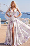 Vestido de Noiva de Praia com Cauda em V, Flor Branco Roxo e Véus
