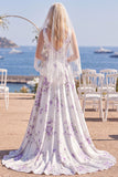 Vestido de Noiva de Praia com Cauda em V, Flor Branco Roxo e Véus