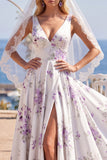 Vestido de Noiva de Praia com Cauda em V, Flor Branco Roxo e Véus