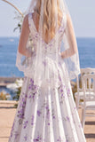 Vestido de Noiva de Praia com Cauda em V, Flor Branco Roxo e Véus