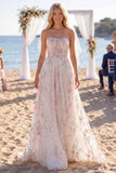 Vestido de Noiva A Line Sweep Spring Flower, Rosa Branco Rosa, Brilhante e Vestido de Noiva