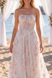 Vestido de Noiva A Line Sweep Spring Flower, Rosa Branco Rosa, Brilhante e Vestido de Noiva