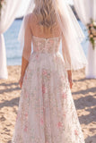 Vestido de Noiva A Line Sweep Spring Flower, Rosa Branco Rosa, Brilhante e Vestido de Noiva