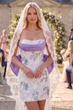 Vestido de Noiva Curto Apertado e Sem Alças Branco em Renda Floral Roxo com Véus