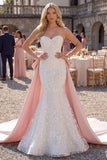 Vestido de Noiva Floral Branco Brilhante com Cauda de Sereia com Capa