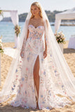 Vestido de Noiva com Espartilho com Cauda Branca Rosa Rosa Flor Rosa A Line Sweep