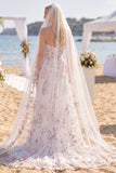 Vestido de Noiva com Espartilho com Cauda Branca Rosa Rosa Flor Rosa A Line Sweep