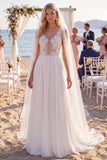 Chiffon Floral Branco Vestido de Noiva de Praia com Decote em V, Decote em V, com Véus