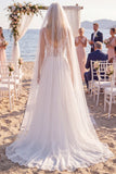 Chiffon Floral Branco Vestido de Noiva de Praia com Decote em V, Decote em V, com Véus