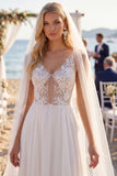 Chiffon Floral Branco Vestido de Noiva de Praia com Decote em V, Decote em V, com Véus