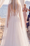 Chiffon Floral Branco Vestido de Noiva de Praia com Decote em V, Decote em V, com Véus