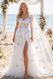 Vestido de Noiva com Espartilho de Cauda Branca Azul-Azul Com Flores Brancas Azuis