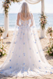 Vestido de Noiva com Espartilho de Cauda Branca Azul-Azul Com Flores Brancas Azuis