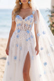 Vestido de Noiva com Espartilho de Cauda Branca Azul-Azul Com Flores Brancas Azuis