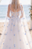 Vestido de Noiva com Espartilho de Cauda Branca Azul-Azul Com Flores Brancas Azuis