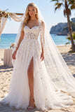 Espartilho Branco Floral Vestido de Noiva Nightheart Beach com Cauda Em Linha