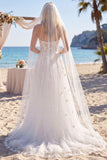 Espartilho Branco Floral Vestido de Noiva Nightheart Beach com Cauda Em Linha