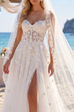 Espartilho Branco Floral Vestido de Noiva Nightheart Beach com Cauda Em Linha