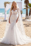 Vestido de Noiva Boémio de Renda Floral Branca com Cauda de Espartilho de Sereia com Véus
