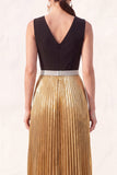 Vestido formal preto dourado com decote em V plissado e fenda