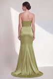 Vestido Formal Verde Sereia Sem Alças Franzido