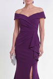 Vestido formal roxo, sereia roxa franzida com ombros descobertos e fenda