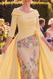 Vestido Amarelo Floral Bodycon, Amarelo e Franzido Longo, Mãe da Noiva, com mangas 3/4