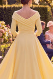 Vestido Amarelo Floral Bodycon, Amarelo e Franzido Longo, Mãe da Noiva, com mangas 3/4