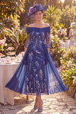 Vestido de mãe da noiva midi de ombros descobertos, com mangas 3/4