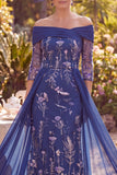 Vestido de mãe da noiva midi de ombros descobertos, com mangas 3/4