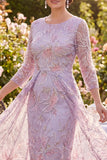 Vestido Midi Midi de Mãe da Noiva com gola redonda floral lilás, mangas 3/4
