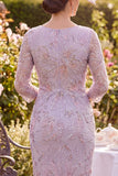 Vestido Midi Midi de Mãe da Noiva com gola redonda floral lilás, mangas 3/4