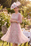 Vestido de mãe da noiva, blush floral floral de gola redonda com missangas