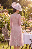 Vestido de mãe da noiva, blush floral floral de gola redonda com missangas