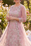 Vestido de mãe da noiva, blush floral floral de gola redonda com missangas
