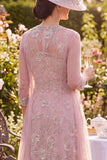 Vestido de mãe da noiva, blush floral floral de gola redonda com missangas