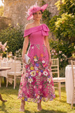 Vestido Mãe da Noiva Longo, floral de um ombro, fucsia com laço