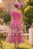 Vestido Mãe da Noiva Longo, floral de um ombro, fucsia com laço