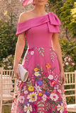 Vestido Mãe da Noiva Longo, floral de um ombro, fucsia com laço