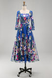 Vestido Midi Midi Mãe da Noiva azul real com decote quadrado e decote quadrado