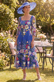 Vestido Midi Midi Mãe da Noiva azul real com decote quadrado e decote quadrado