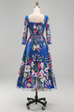Vestido Midi Midi Mãe da Noiva azul real com decote quadrado e decote quadrado