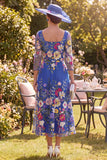 Vestido Midi Midi Mãe da Noiva azul real com decote quadrado e decote quadrado