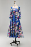 Vestido Midi Midi Mãe da Noiva azul real com decote quadrado e decote quadrado