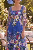 Vestido Midi Midi Mãe da Noiva azul real com decote quadrado e decote quadrado