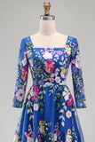 Vestido Midi Midi Mãe da Noiva azul real com decote quadrado e decote quadrado